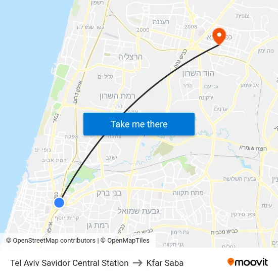 Tel Aviv Savidor Central Station to Kfar Saba map