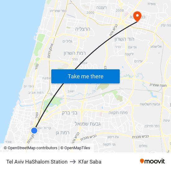 Tel Aviv HaShalom Station to Kfar Saba map