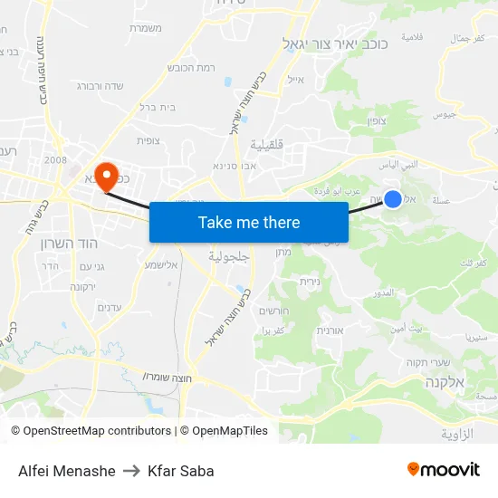 Alfei Menashe to Kfar Saba map