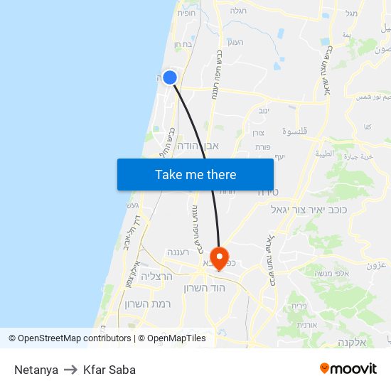 Netanya to Kfar Saba map