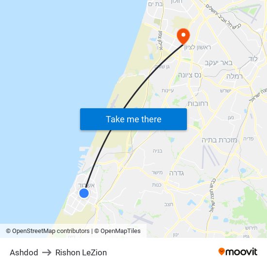 Ashdod to Rishon LeZion map