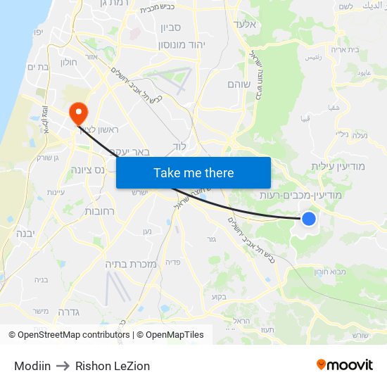Modiin to Rishon LeZion map