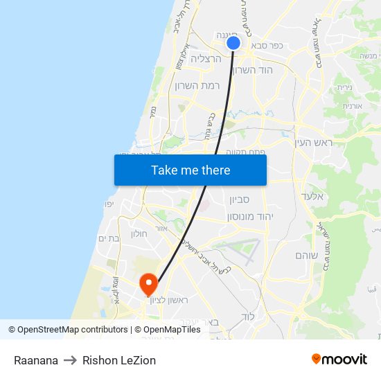 Raanana to Rishon LeZion map