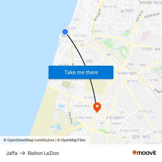 Jaffa to Rishon LeZion map
