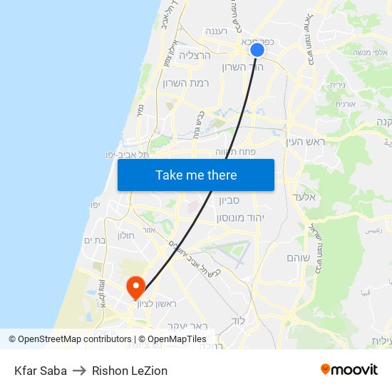 Kfar Saba to Rishon LeZion map