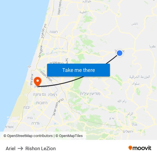 Ariel to Rishon LeZion map