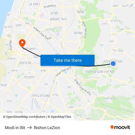 Modi in Illit to Rishon LeZion map