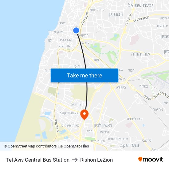 Tel Aviv Central Bus Station to Rishon LeZion map