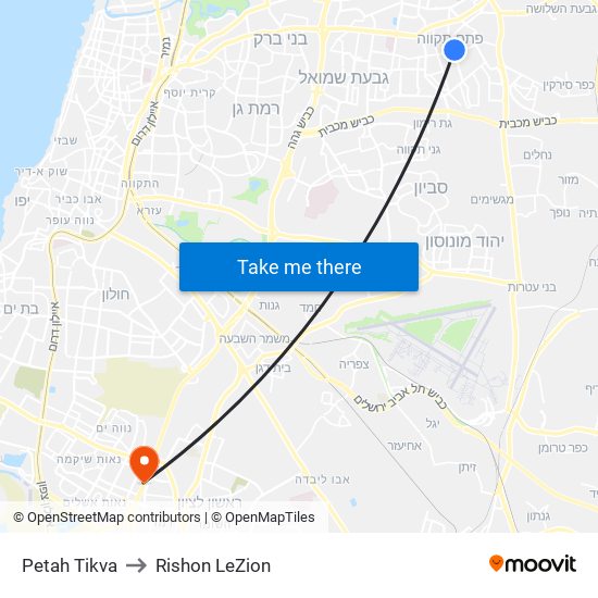 Petah Tikva to Rishon LeZion map