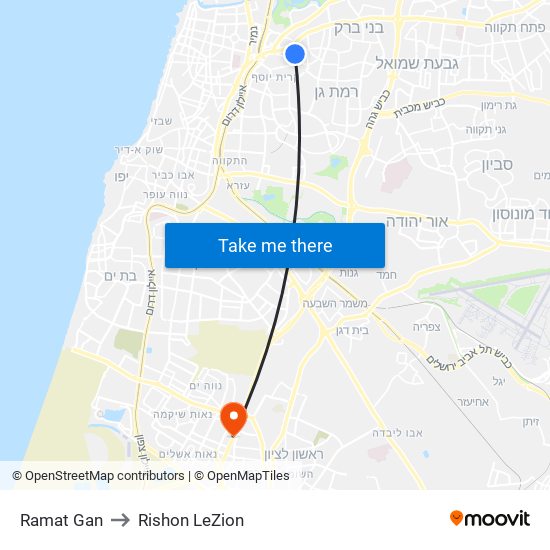 Ramat Gan to Rishon LeZion map