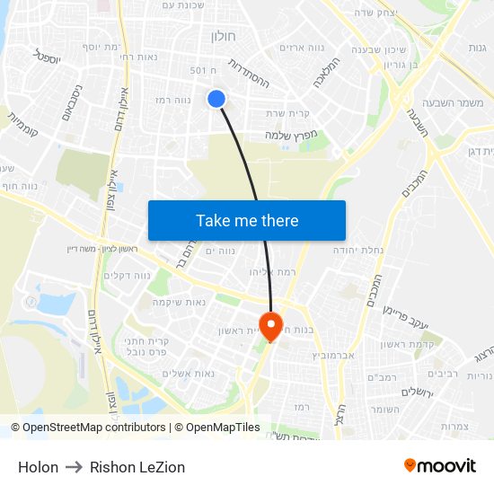 Holon to Rishon LeZion map