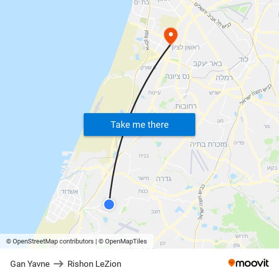 Gan Yavne to Rishon LeZion map