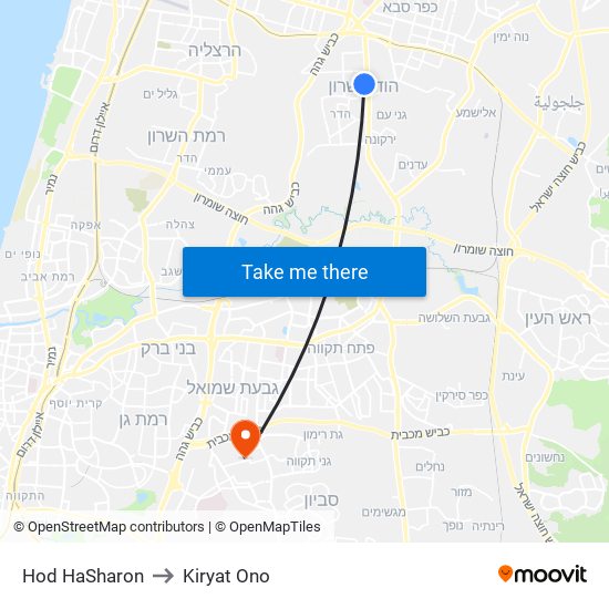 Hod HaSharon to Kiryat Ono map