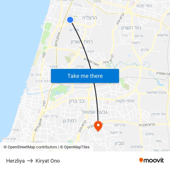 Herzliya to Kiryat Ono map