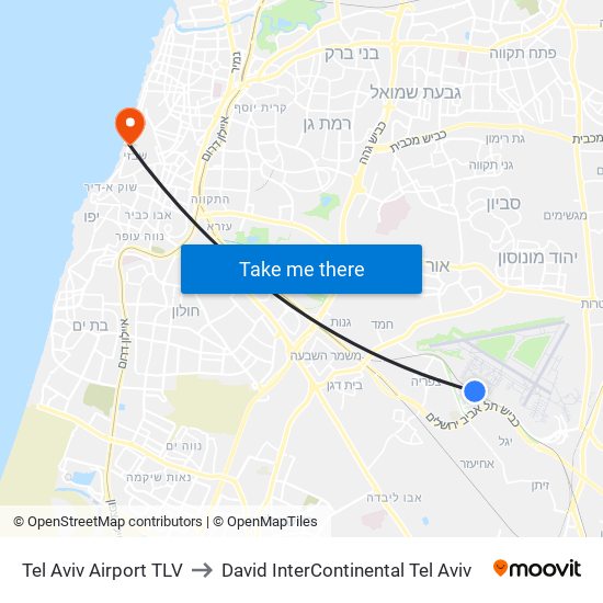 Tel Aviv Airport TLV to David InterContinental Tel Aviv map