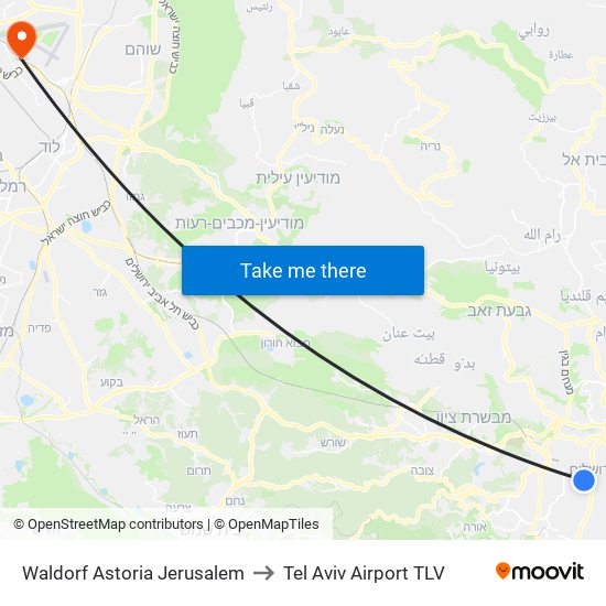 Waldorf Astoria Jerusalem to Tel Aviv Airport TLV map