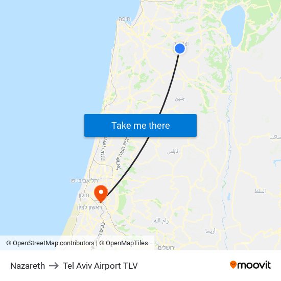Nazareth to Tel Aviv Airport TLV map