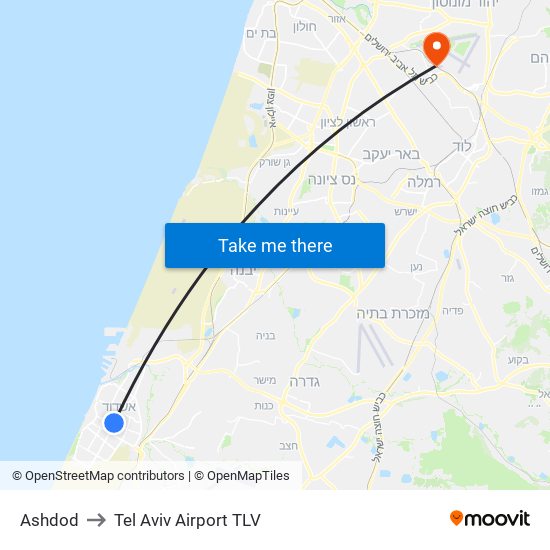 Ashdod to Tel Aviv Airport TLV map