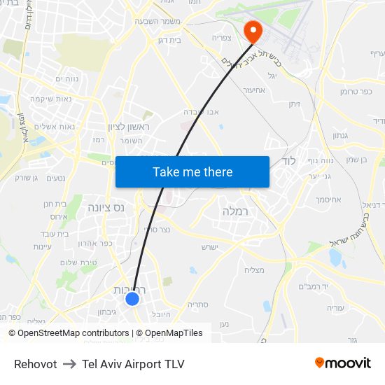 Rehovot to Tel Aviv Airport TLV map