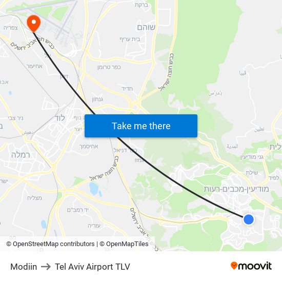 Modiin to Tel Aviv Airport TLV map