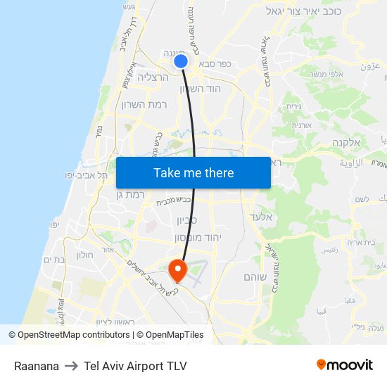 Raanana to Tel Aviv Airport TLV map