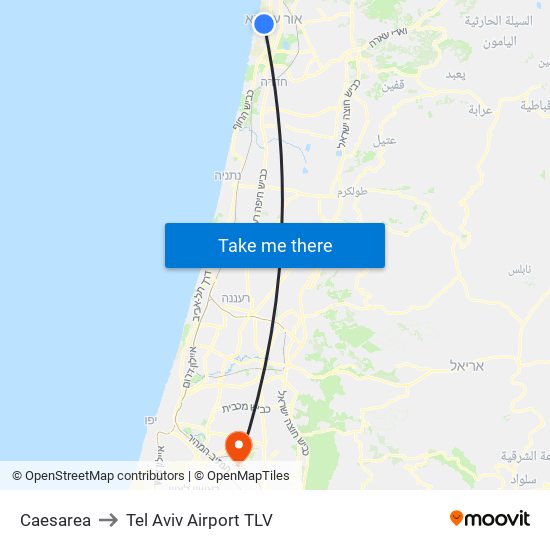 Caesarea to Tel Aviv Airport TLV map