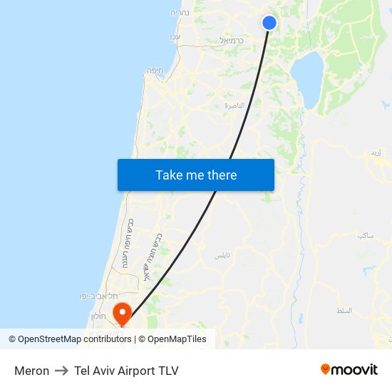 Meron to Tel Aviv Airport TLV map