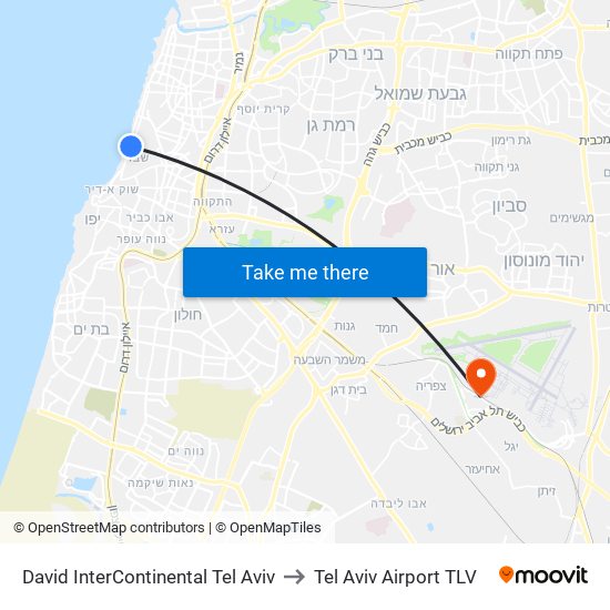 David InterContinental Tel Aviv to Tel Aviv Airport TLV map