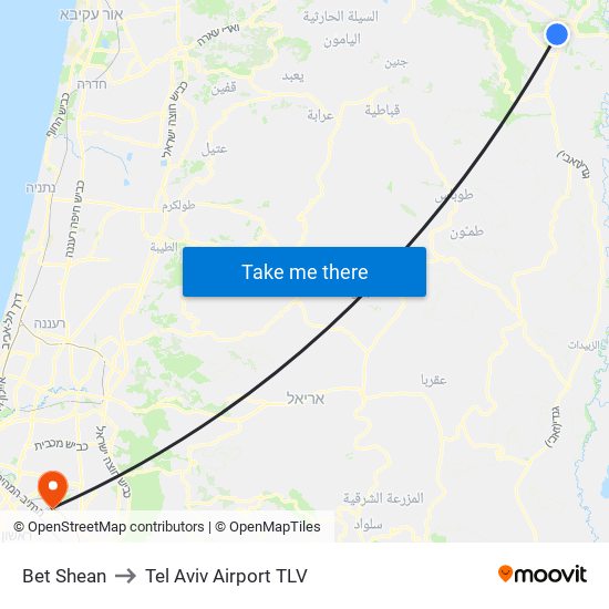 Bet Shean to Tel Aviv Airport TLV map