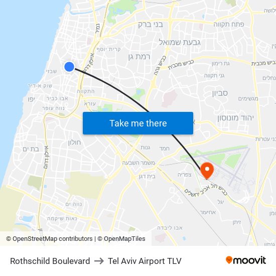 Rothschild Boulevard to Tel Aviv Airport TLV map