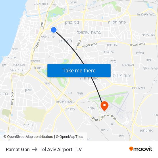 Ramat Gan to Tel Aviv Airport TLV map