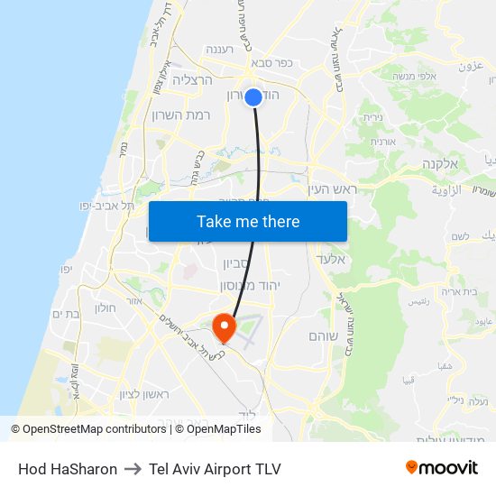 Hod HaSharon to Tel Aviv Airport TLV map