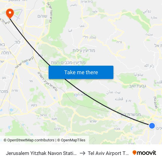 Jerusalem Yitzhak Navon Station to Tel Aviv Airport TLV map