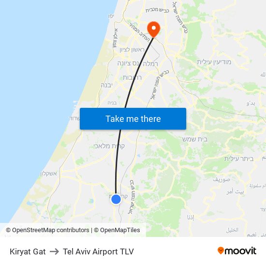 Kiryat Gat to Tel Aviv Airport TLV map