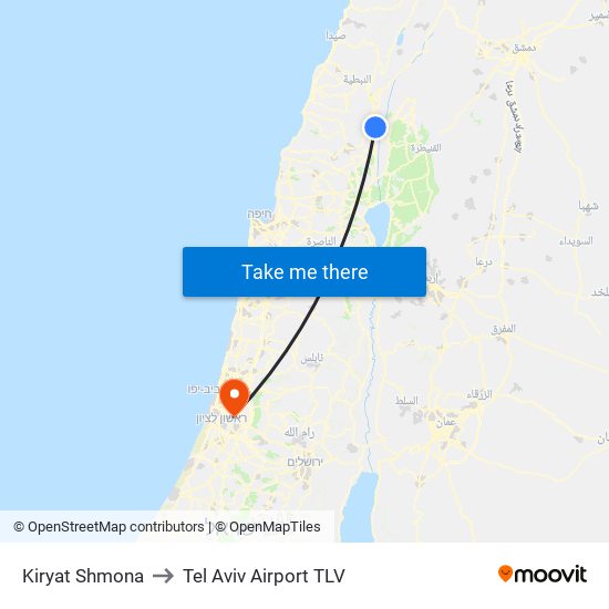 Kiryat Shmona to Tel Aviv Airport TLV map