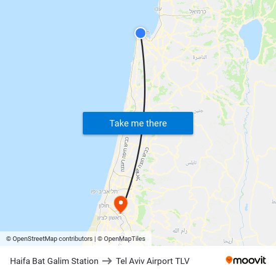 Haifa Bat Galim Station to Tel Aviv Airport TLV map