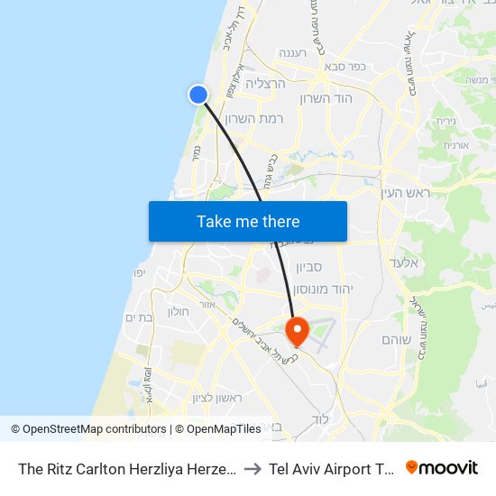 The Ritz Carlton Herzliya Herzelia to Tel Aviv Airport TLV map