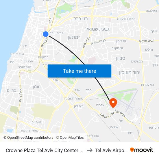 Crowne Plaza Tel Aviv City Center an IHG Hotel to Tel Aviv Airport TLV map