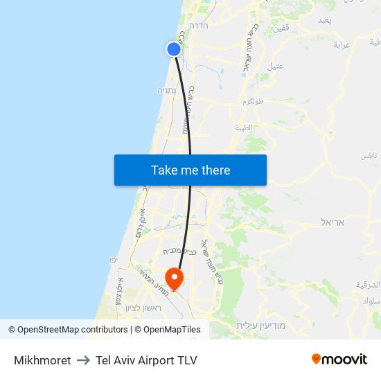 Mikhmoret to Tel Aviv Airport TLV map