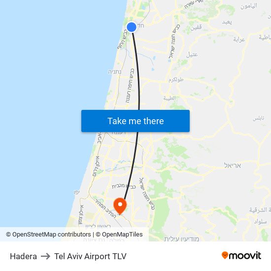 Hadera to Tel Aviv Airport TLV map