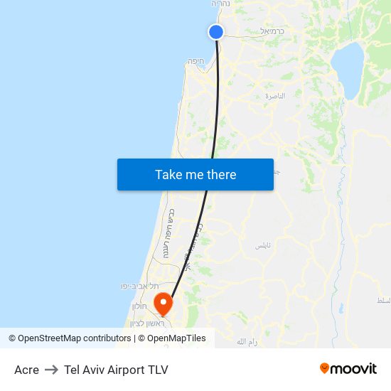 Acre to Tel Aviv Airport TLV map