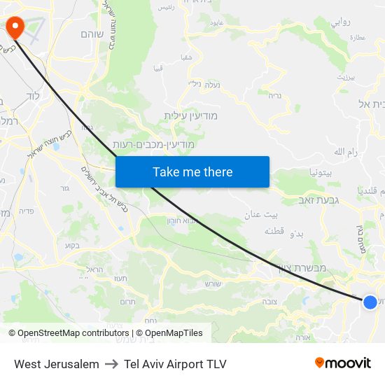 West Jerusalem to Tel Aviv Airport TLV map