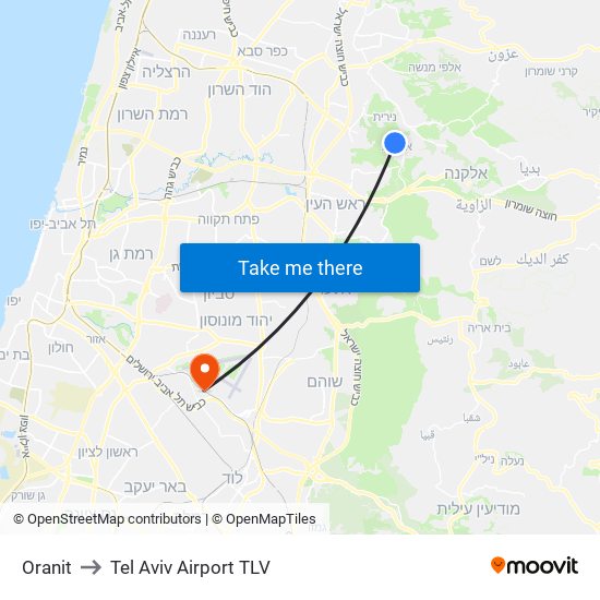 Oranit to Tel Aviv Airport TLV map