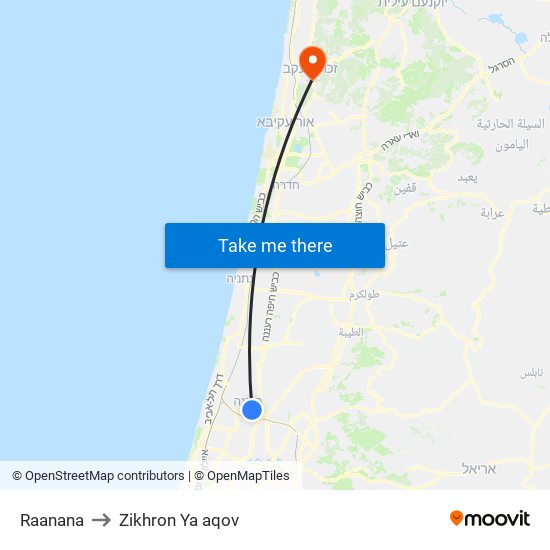 Raanana to Zikhron Ya aqov map