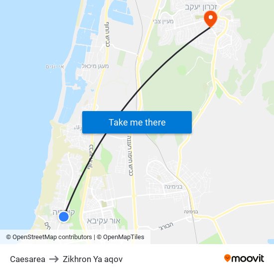 Caesarea to Zikhron Ya aqov map