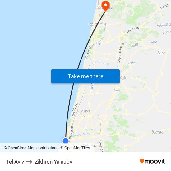 Tel Aviv to Zikhron Ya aqov map
