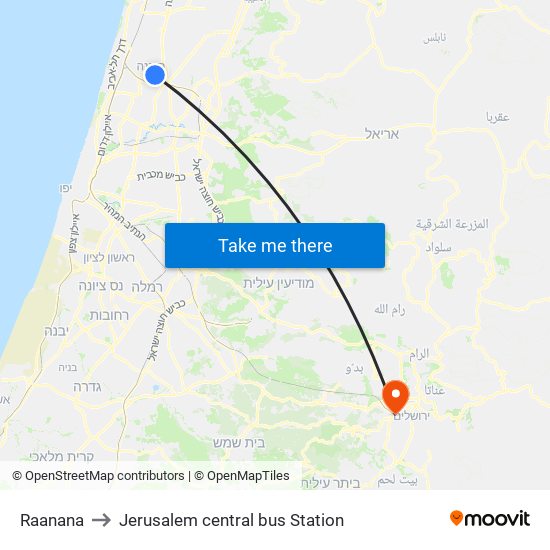 Raanana to Jerusalem central bus Station map