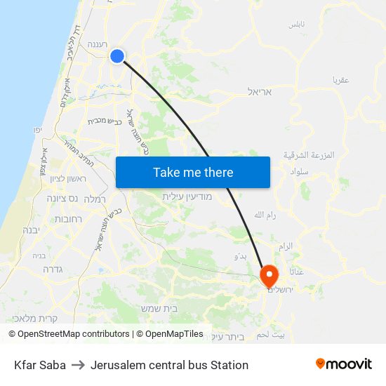 Kfar Saba to Jerusalem central bus Station map