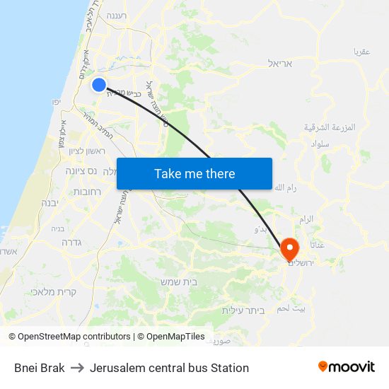 Bnei Brak to Jerusalem central bus Station map