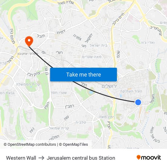 Western Wall to Jerusalem central bus Station map